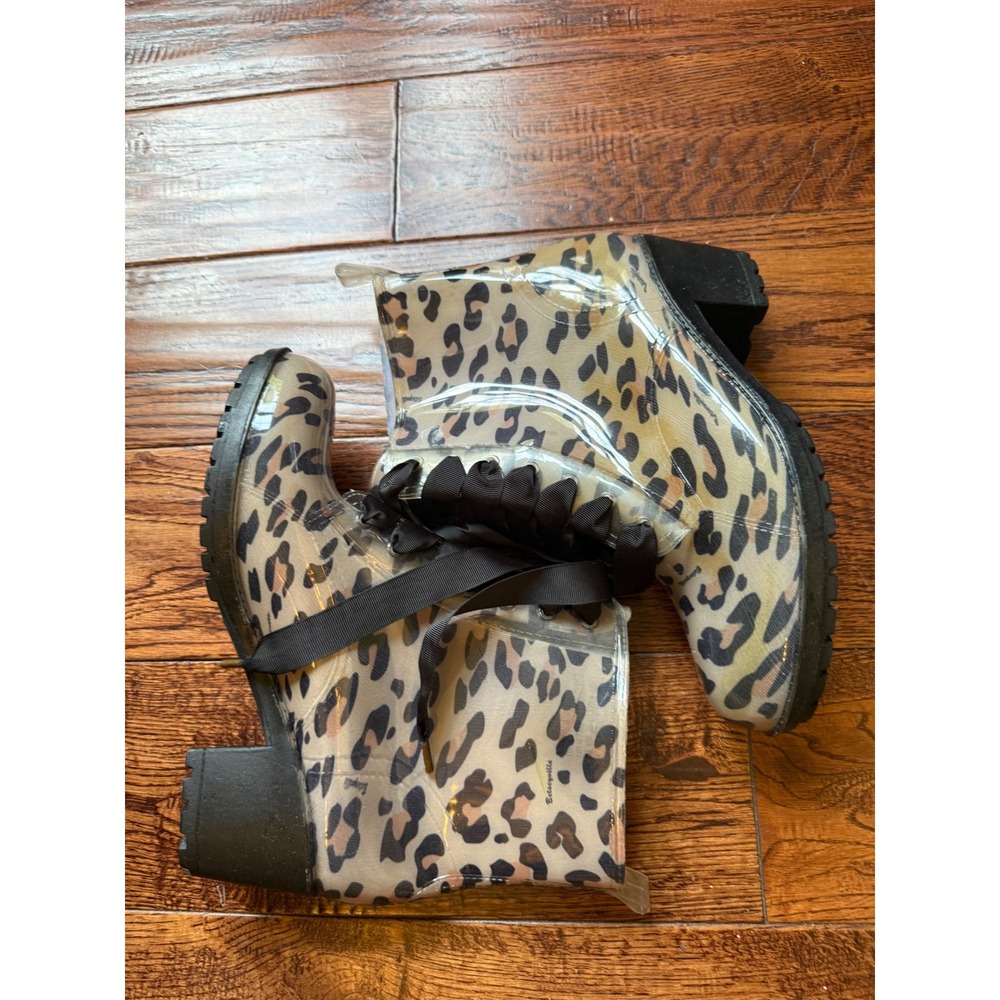 Betseyville Betsey Johnson Leopard Print Clear Rain Boots Ribbon Lace Up Size 11